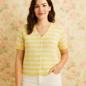 Adora Yellow & White Striped Button Front Slub Yarn Knit Top NWT